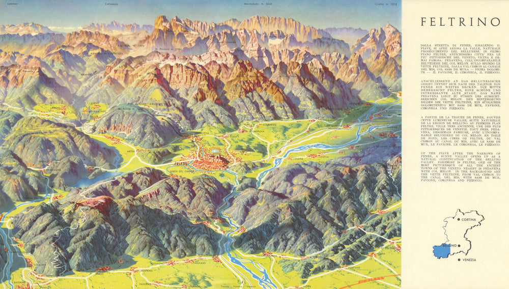 Feltrino—Dolomites alpine panoramic bird's eye view map—Heinrich Berann 1936