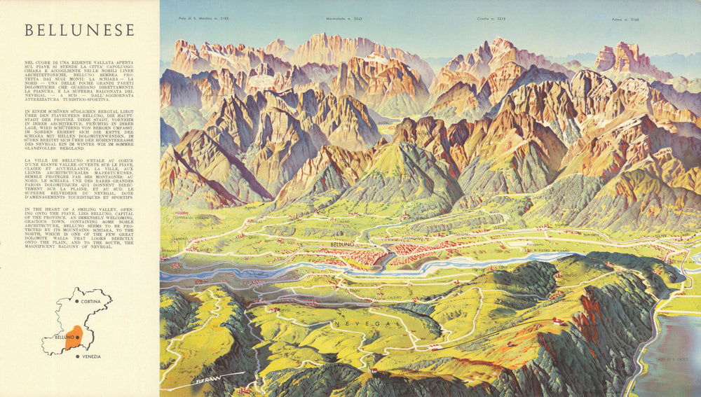Bellunese—Dolomites alpine panoramic bird's eye view map—Heinrich Berann 1936