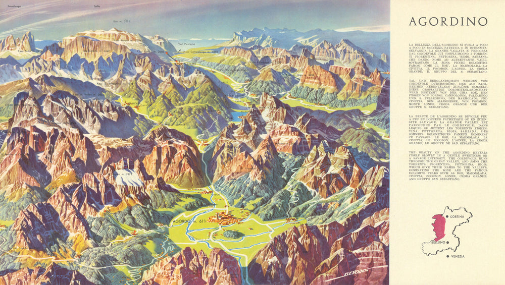 Agordino—Dolomites alpine panoramic bird's eye view map—Heinrich Berann 1936