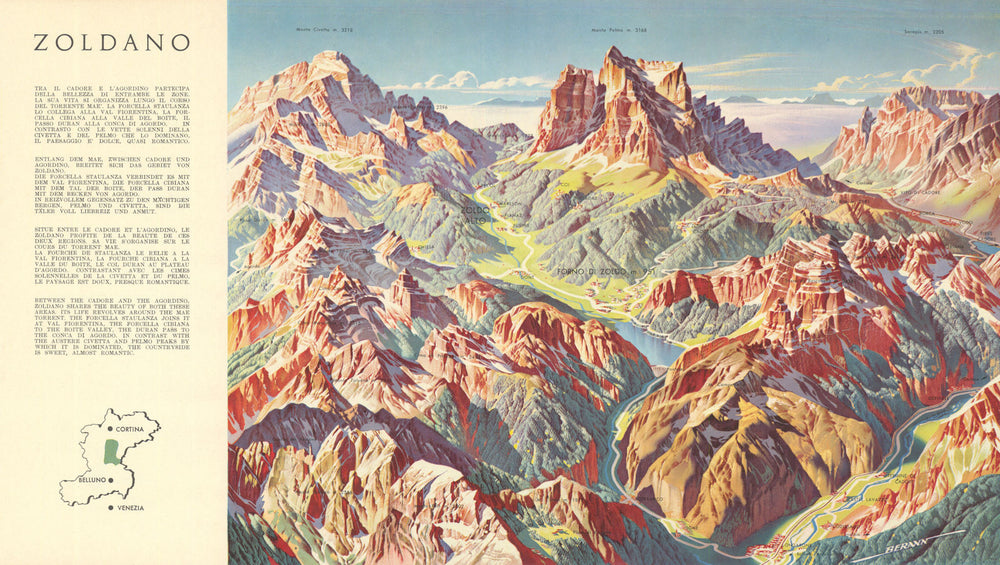 Zoldano—Dolomites alpine panoramic bird's eye view map—Heinrich Berann 1936