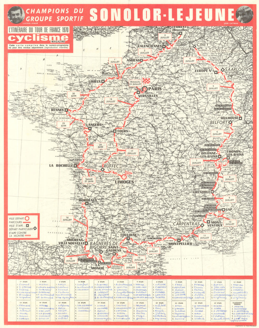 L'Itinéraire des Tours de France - Le Miroir des Sports. Route map 54x43cm 1970