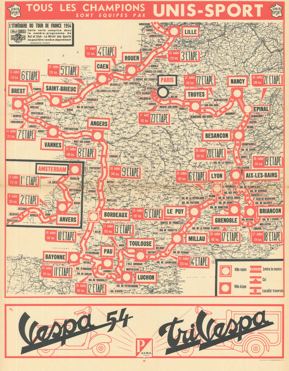 L'Itinéraire du Tour de France - Le Miroir des Sports. Cycling route map 1954