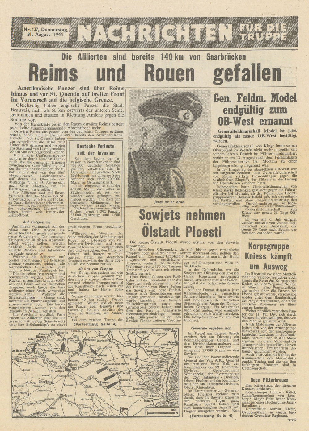 Nachrichten für die Truppe—#137—Allied PSYOPS airdrop newssheet/map—31 Aug 1944