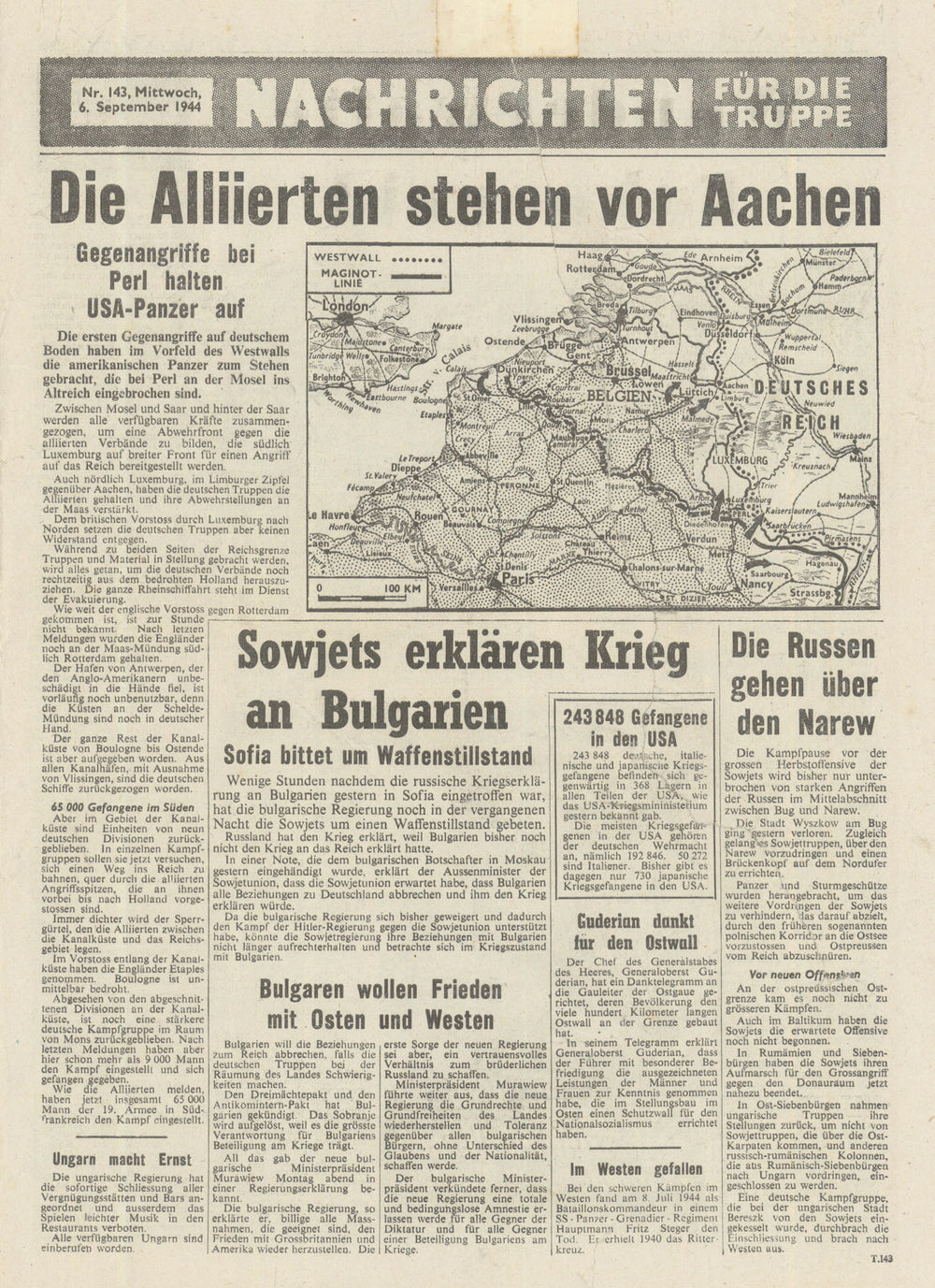 Nachrichten für die Truppe—#143—Allied PSYOPS airdrop newssheet/map—6 Sept 1944