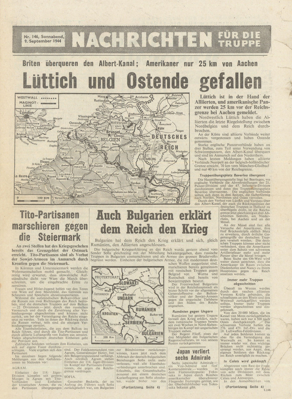 Nachrichten für die Truppe—#146—Allied PSYOPS airdrop newssheet/map—9 Sept 1944