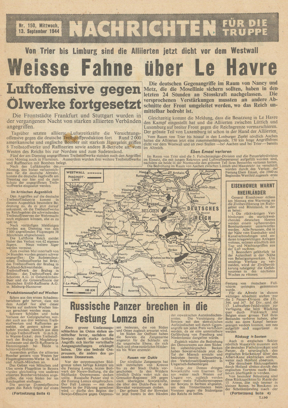Nachrichten für die Truppe—#150—Allied PSYOPS airdrop newssheet/map—13 Sept 1944