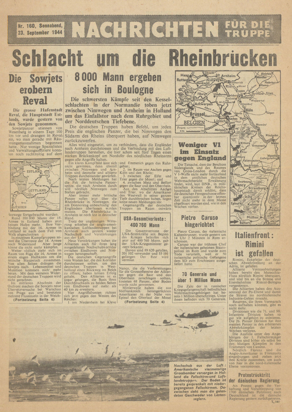 Nachrichten für die Truppe—#160—Allied PSYOPS airdrop newssheet/map—23 Sept 1944
