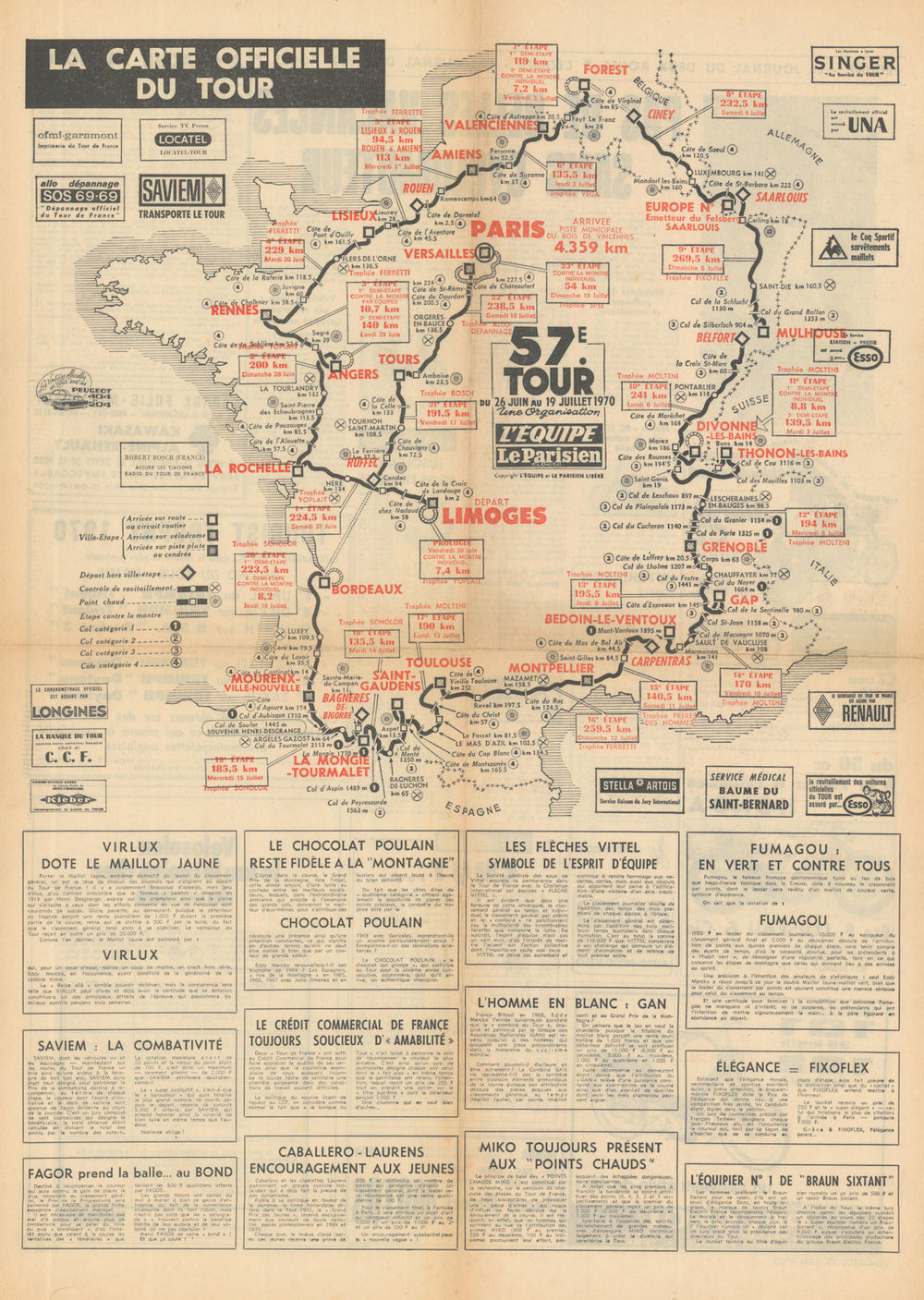 La Carte Officielle du 57e Tour de France—L'Equipe—Le Parisien—cycling map 1970