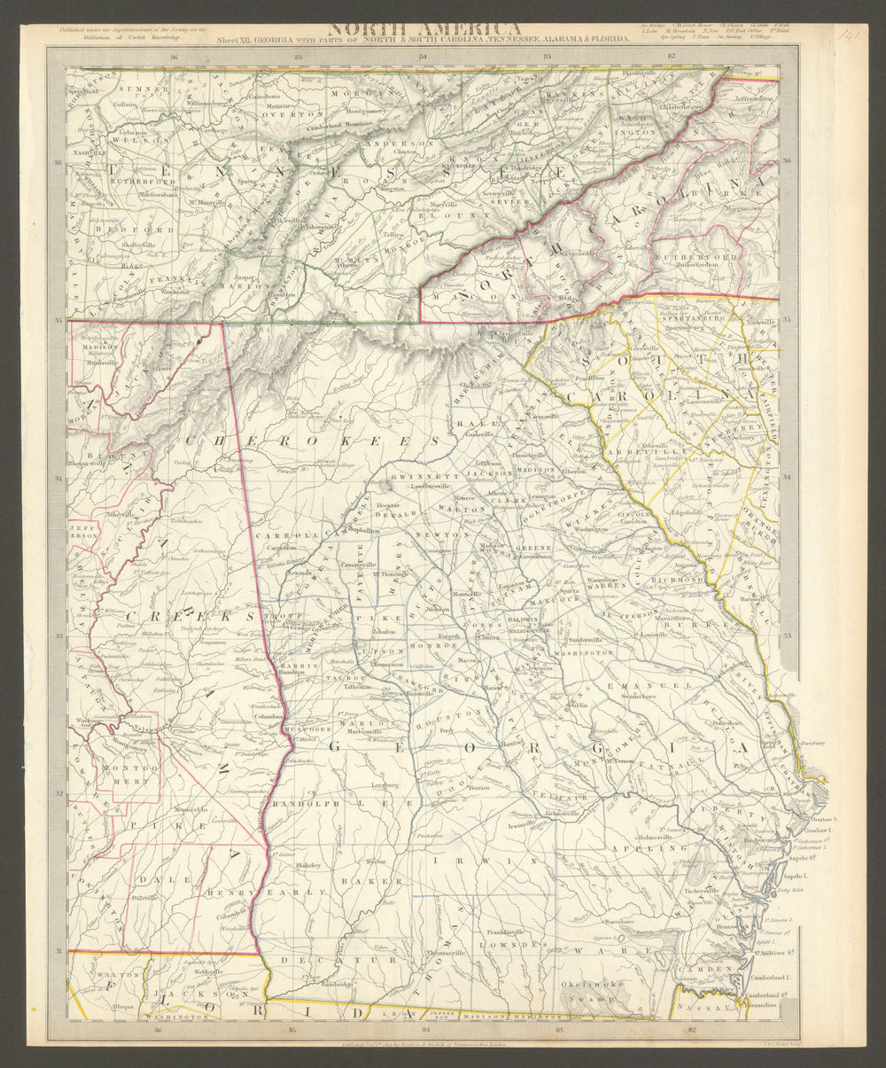 USA. Alabama Georgia Cherokee & Muscogee villages. TN NC SC FL. SDUK 1844 map