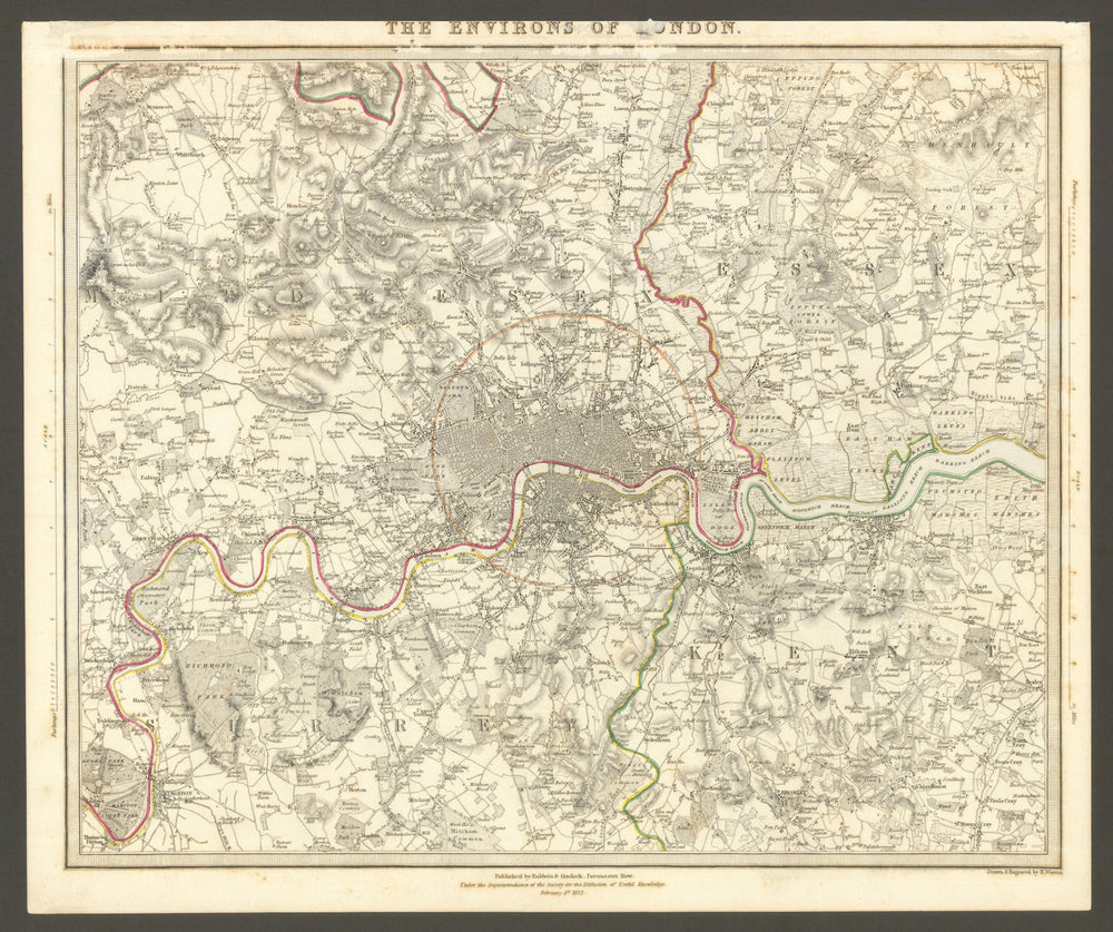 LONDON & ENVIRONS. Middlesex Kent Essex Surrey.  Coloured. SDUK 1844 old map