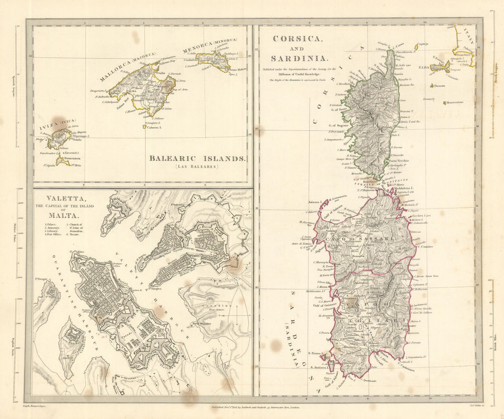 MEDITERRANEAN.Corsica Sardinia;Balearics Baleares;Valletta,Malta SDUK 1844 map
