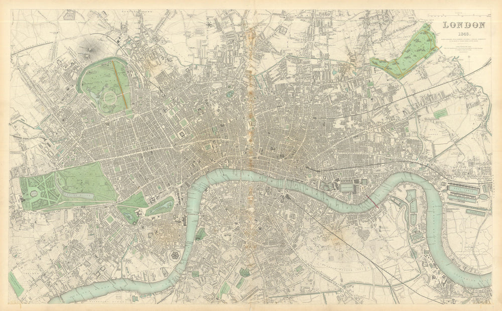 LONDON in 1843 antique city town map plan LARGE 65x40 cm SDUK 1844 old