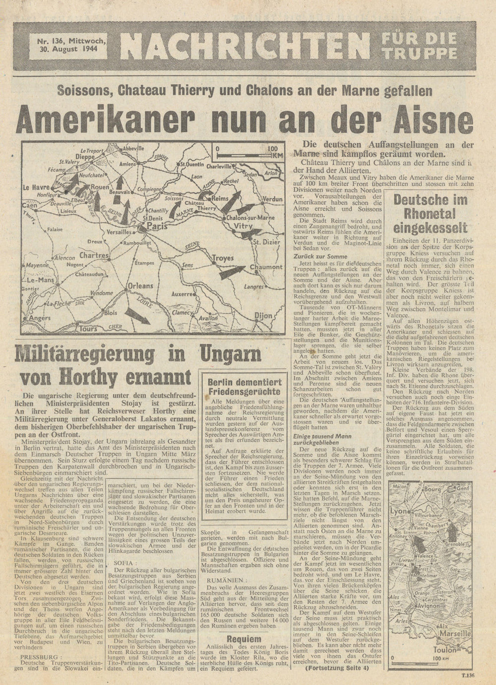 Nachrichten für die Truppe—#136—Allied PSYOPS airdrop newssheet/map—30 Aug 1944