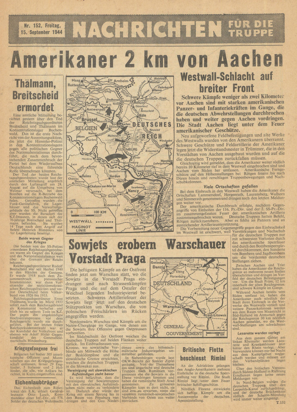 Nachrichten für die Truppe—#152—Allied PSYOPS airdrop newssheet/map—15 Sept 1944