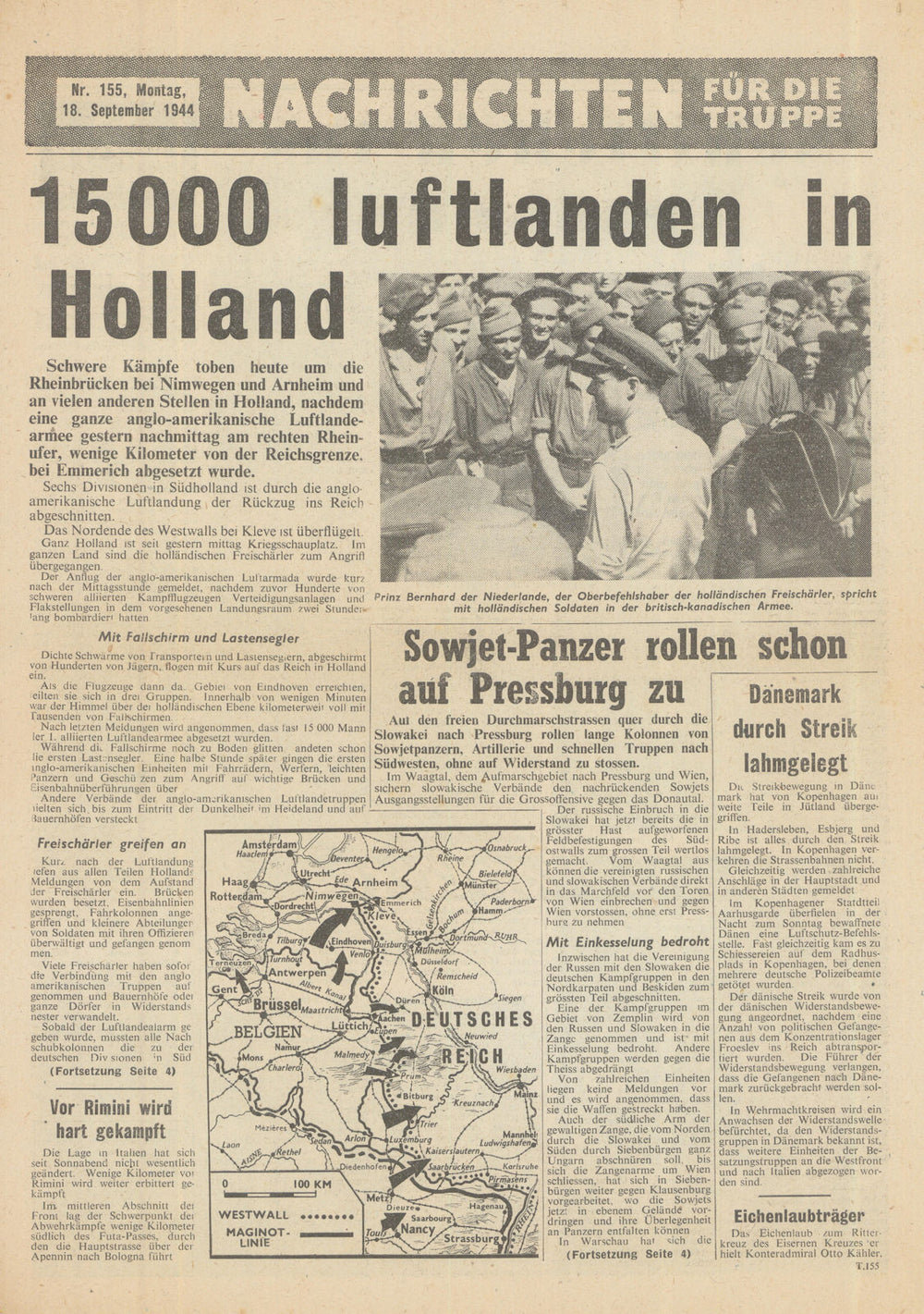 Nachrichten für die Truppe—#155—Allied PSYOPS airdrop newssheet/map—18 Sept 1944