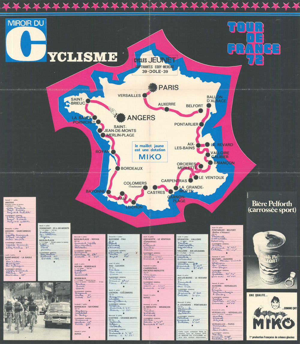 Tour de France - Miroir du Cyclisme. Cycling route poster map 59x67cm 1972