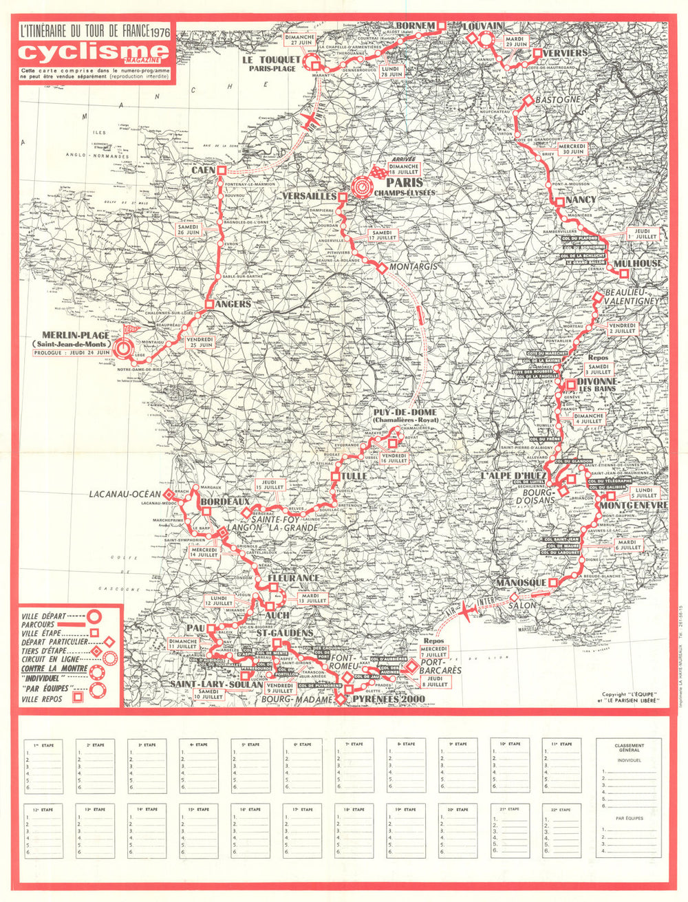 Tour de France - Cyclisme Magazine. Cycling route poster map 54x42cm 1976