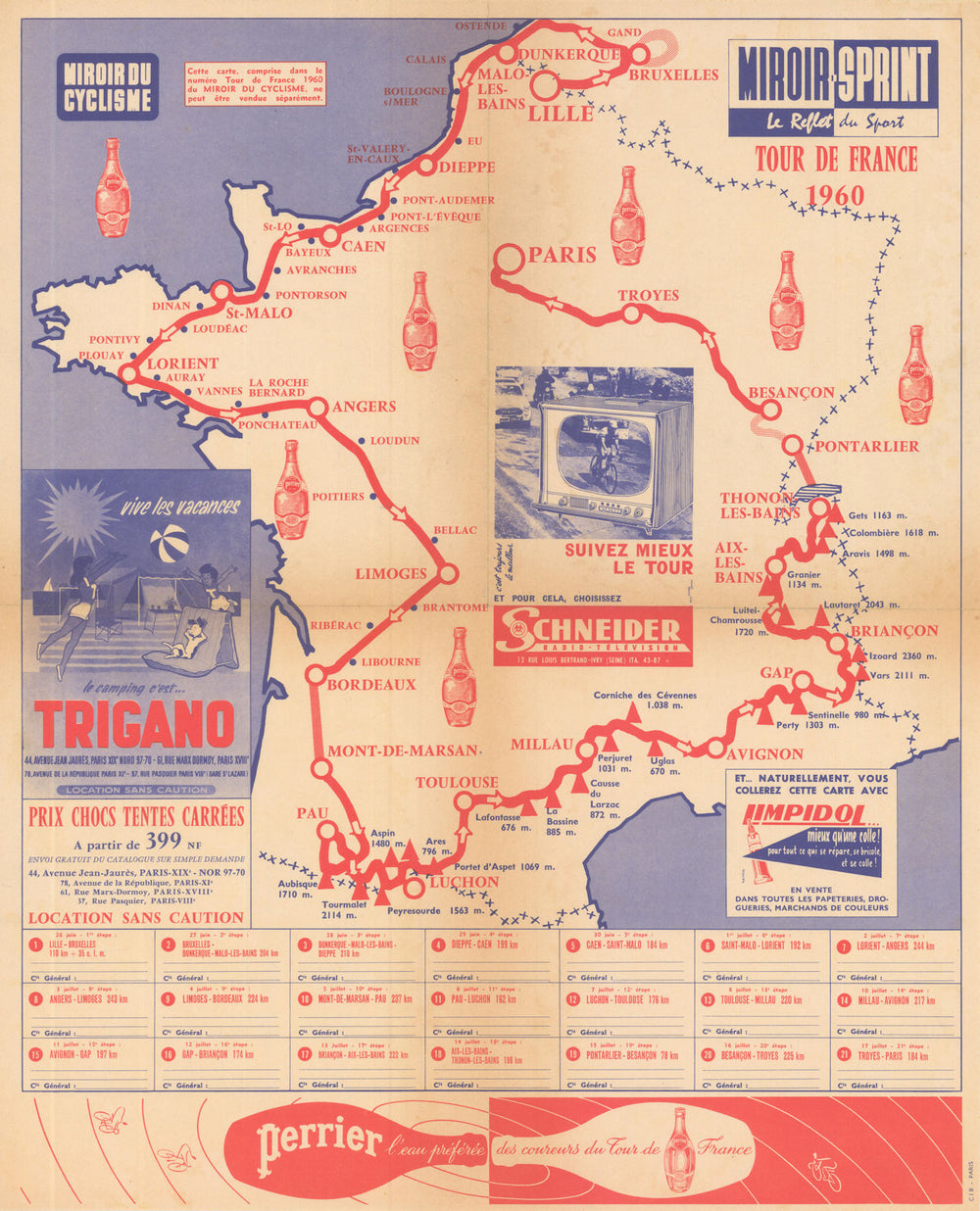 L'Itinéraire du Tour de France—Miroir-Sprint—Cycling route map 61x49cm 1960