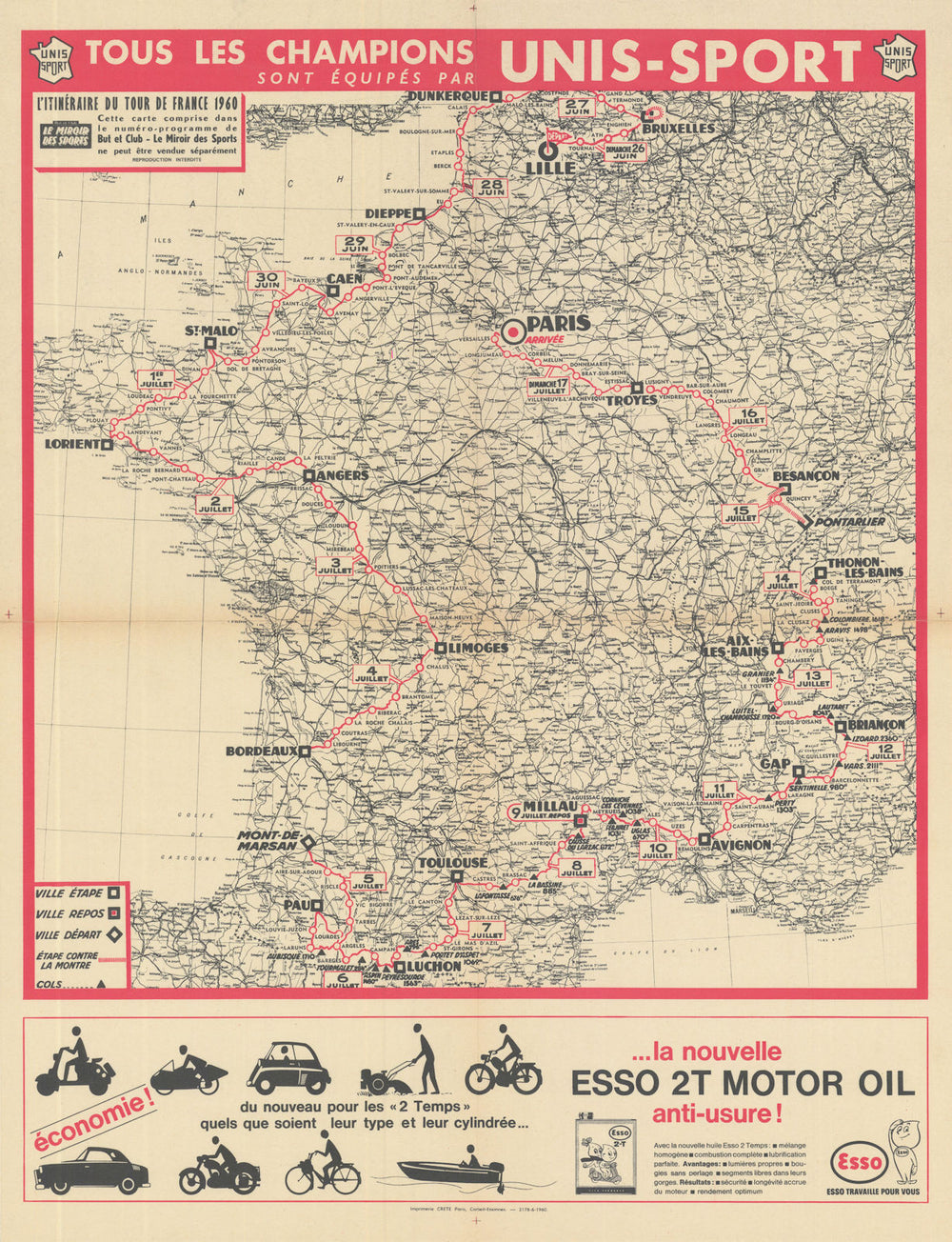 L'Itinéraire du Tour de France - Le Miroir des Sports. Cycling route map 1960