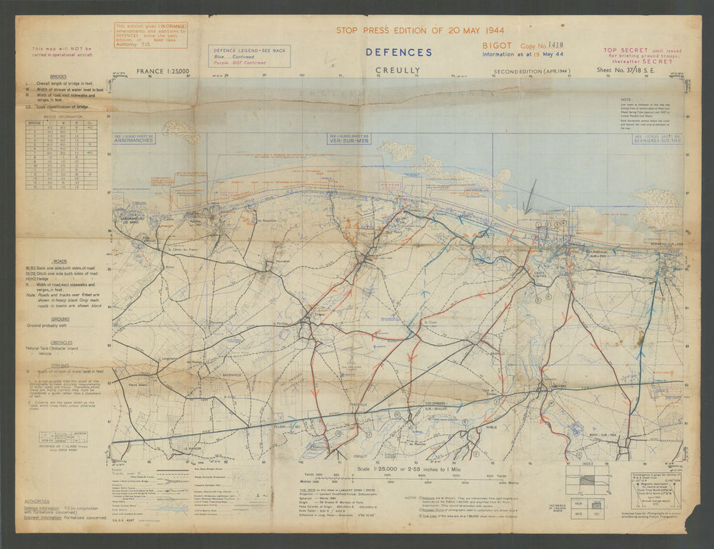 BIGOT Top Secret D-Day map—Gold & Juno landing beaches—Nazi defences—20 May 1944