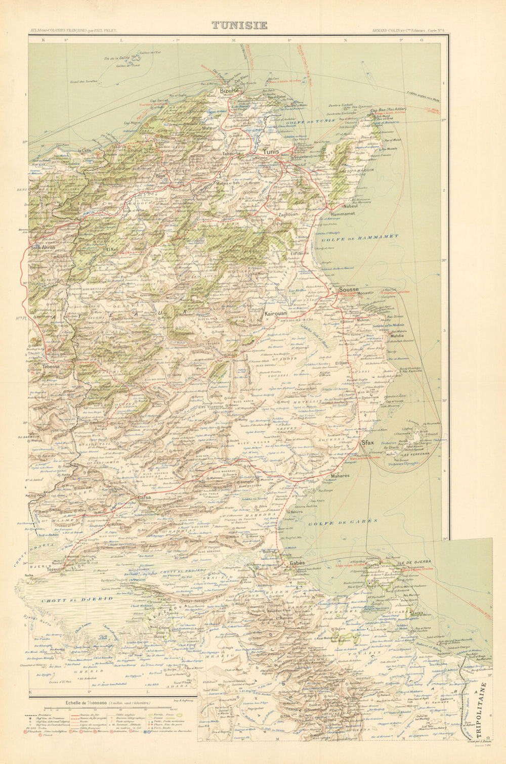 Tunisie—Tunisia—French colonial map—Tunis—Sfax—Bizerte—Pelet 1902 old