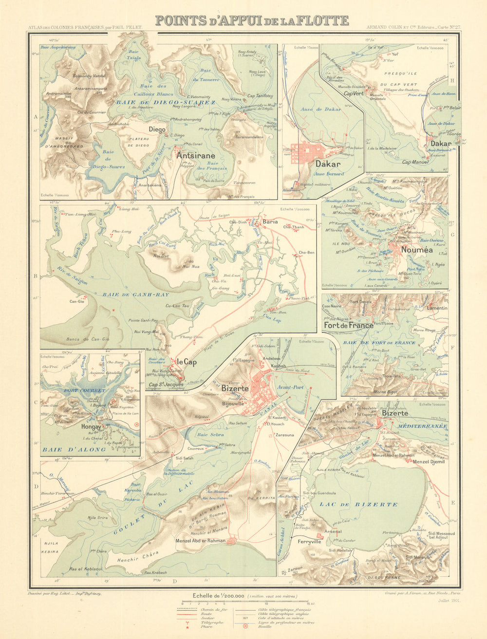 Points d’appui de la flotte—French Naval Bases—Dakar—Nouméa—Pelet 1902 old map