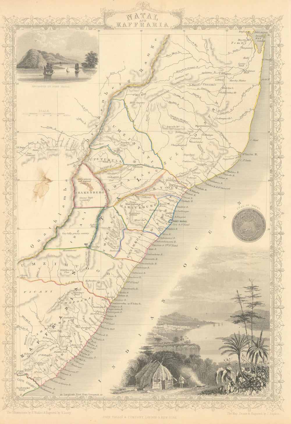 NATAL & KAFFRARIA. South Africa. Eastern Cape & Durban—TALLIS & RAPKIN 1851 map
