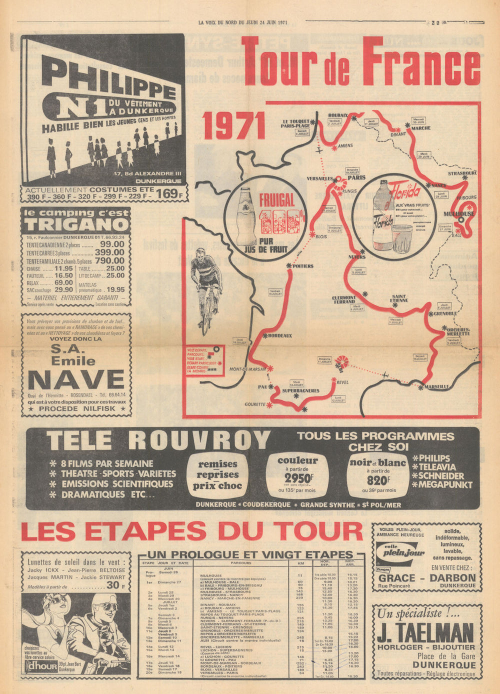 Tour de France cycling route & stages newsprint poster map—La Voix du Nord 1971
