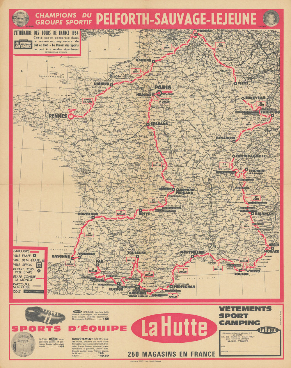 L'Itinéraire du Tour de France - Le Miroir des Sports. Cycling route map 1964
