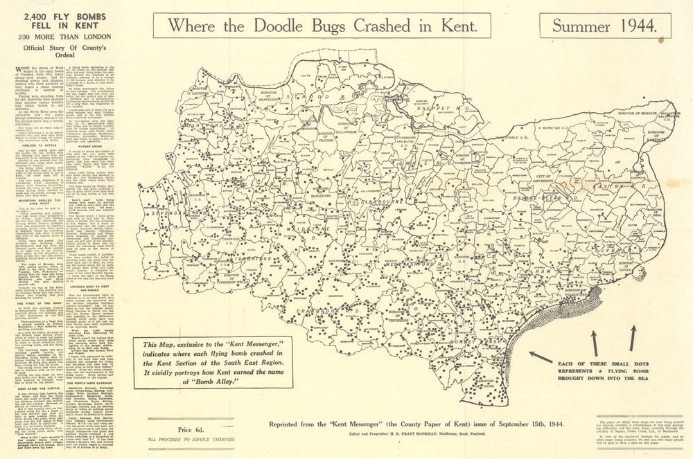 Where the Doodlebugs crashed in Kent—V-1 impact sites—Bomb Alley 1944 old map