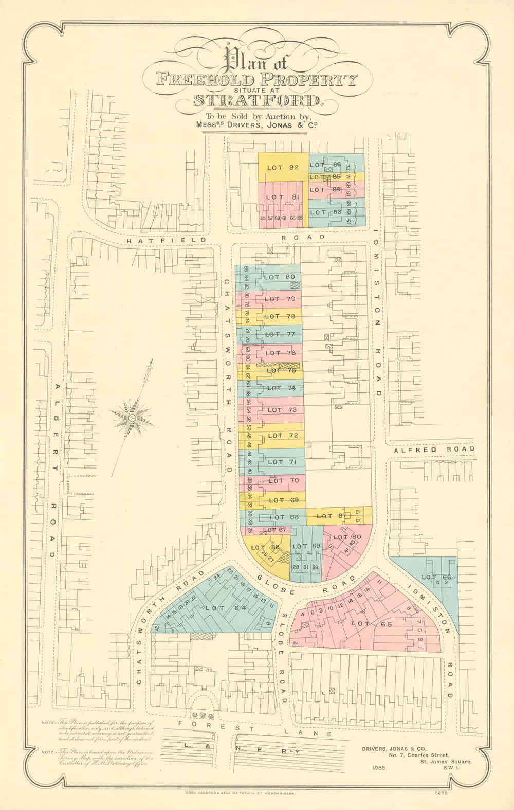 Stratford, London estate auction sale plan—Chatsworth & Idmiston Roads 1935 map
