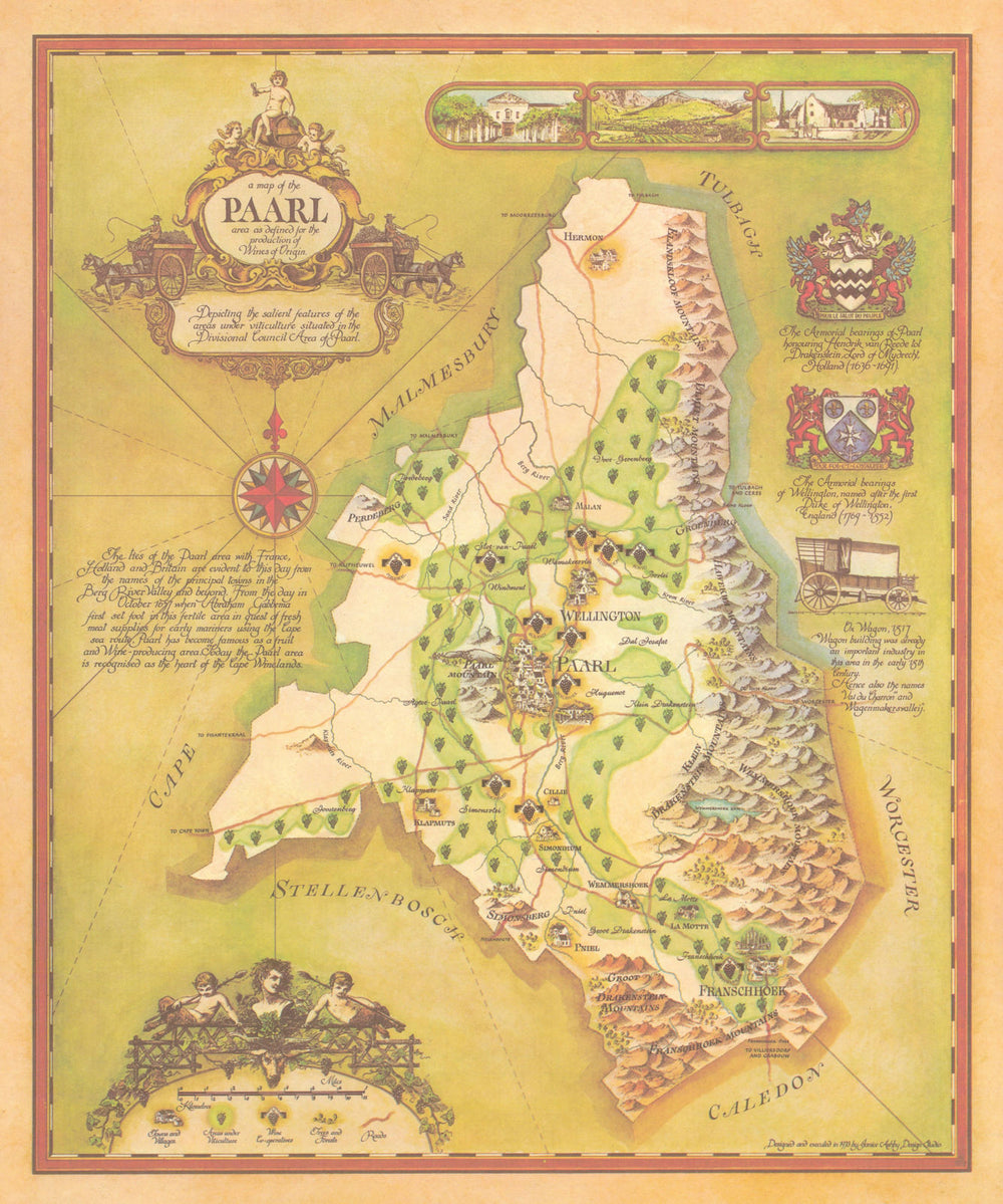 Paarl—Franschhoek & Wellington wine region map—wineries—Janice Ashby / KWV 1973