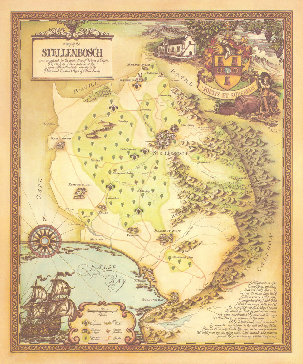 Stellenbosch—False Bay—pictorial wine region map—wineries—Janice Ashby/KWV 1973