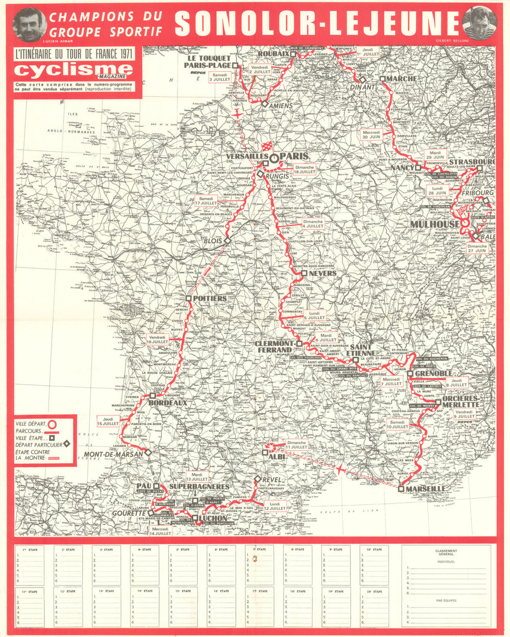 Tour de France - Cyclisme Magazine. Cycling route poster map 53x42cm 1971