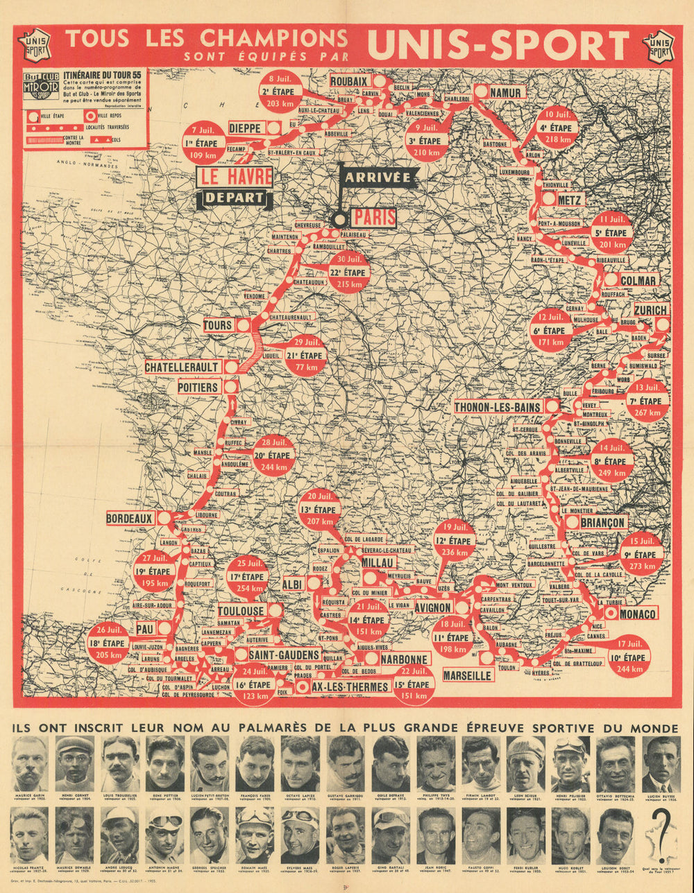 L'Itinéraire du Tour de France - Le Miroir des Sports. Cycling route map 1955