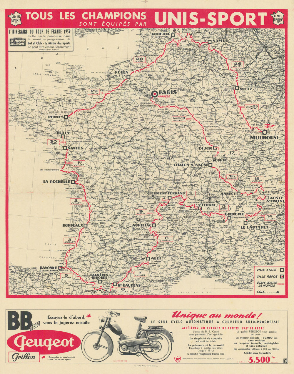 L'Itinéraire du Tour de France - Le Miroir des Sports. Cycling route map 1959
