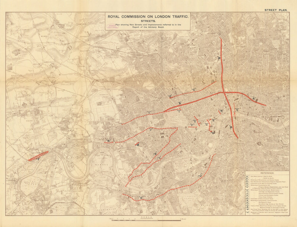 Royal Commission on London Traffic—New Streets and Improvements plan 1905 map
