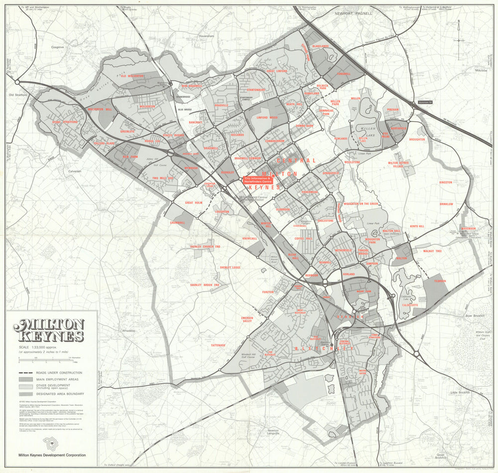Milton Keynes— New Town—Development Corporation map—Bletchley—David Fryer 1982