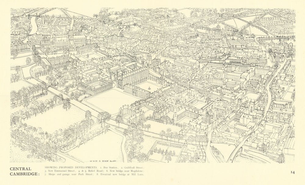 Central Cambridge—proposed developments, bird's-eye view—Holford/Wright 1950 map