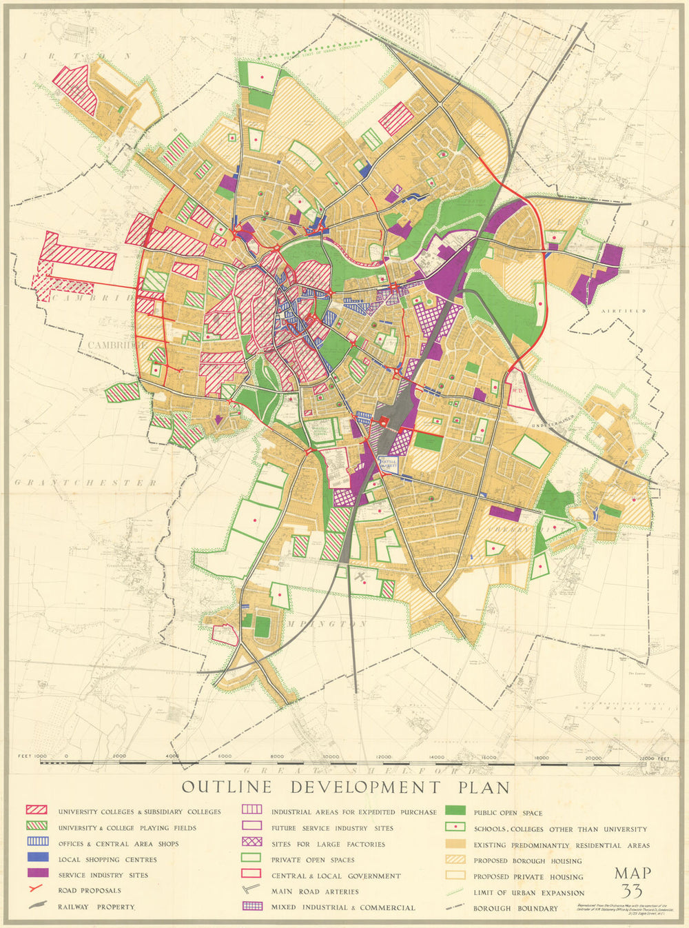 Cambridge Outline Development Plan — 101x75cm — Holford & Wright 1950 old map