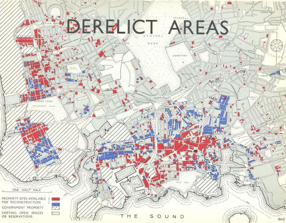Plymouth Blitz bomb damage & reconstruction sites map—Abercrombie & Watson 1944