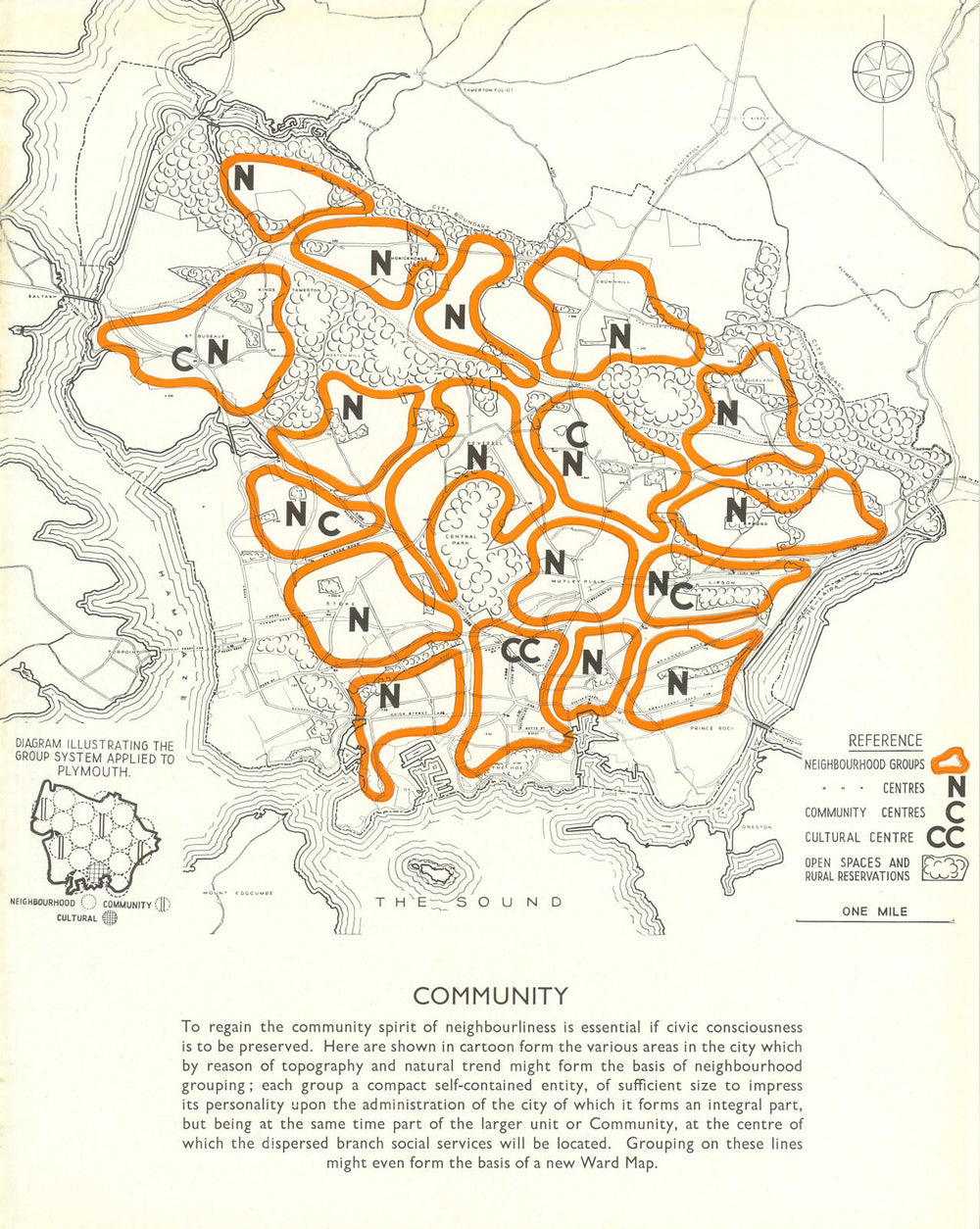 Plymouth neighbourhood social idealism bubble/potato map—Abercrombie/Watson 1944