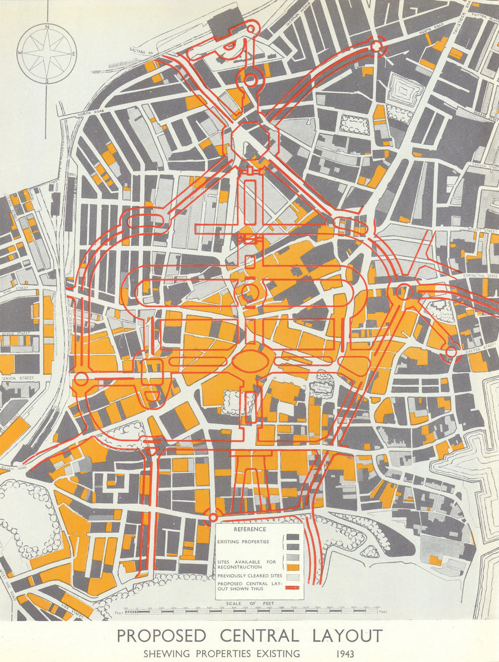 Plymouth bomb damage & proposed central layout—Abercrombie & Watson 1944 map