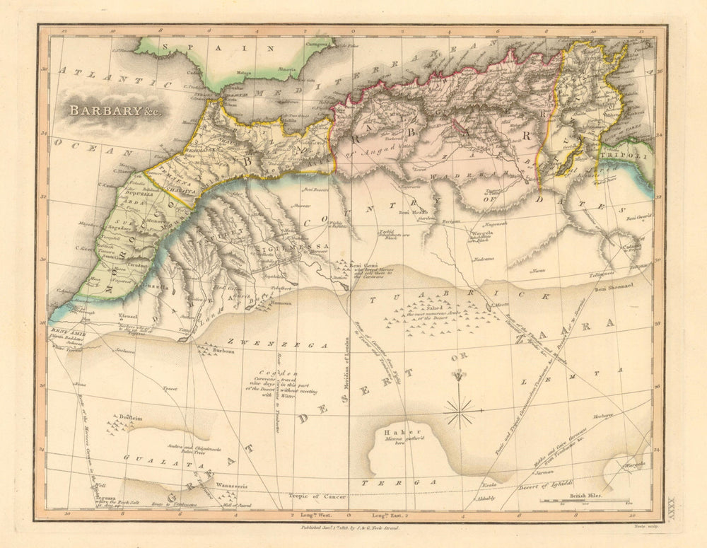 'Barbary' by S&G Neele. Maghreb Morocco. Caravan routes. Berber camps 1813 map