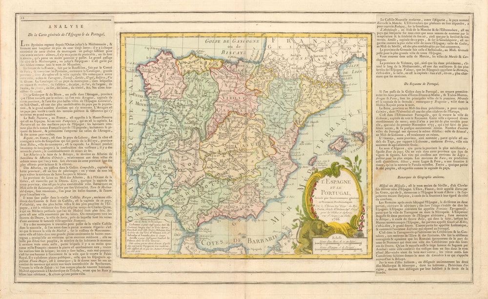 'L'Espagne et le Portugal divisés par…' BRION DE LA TOUR / DESNOS 1766 old map