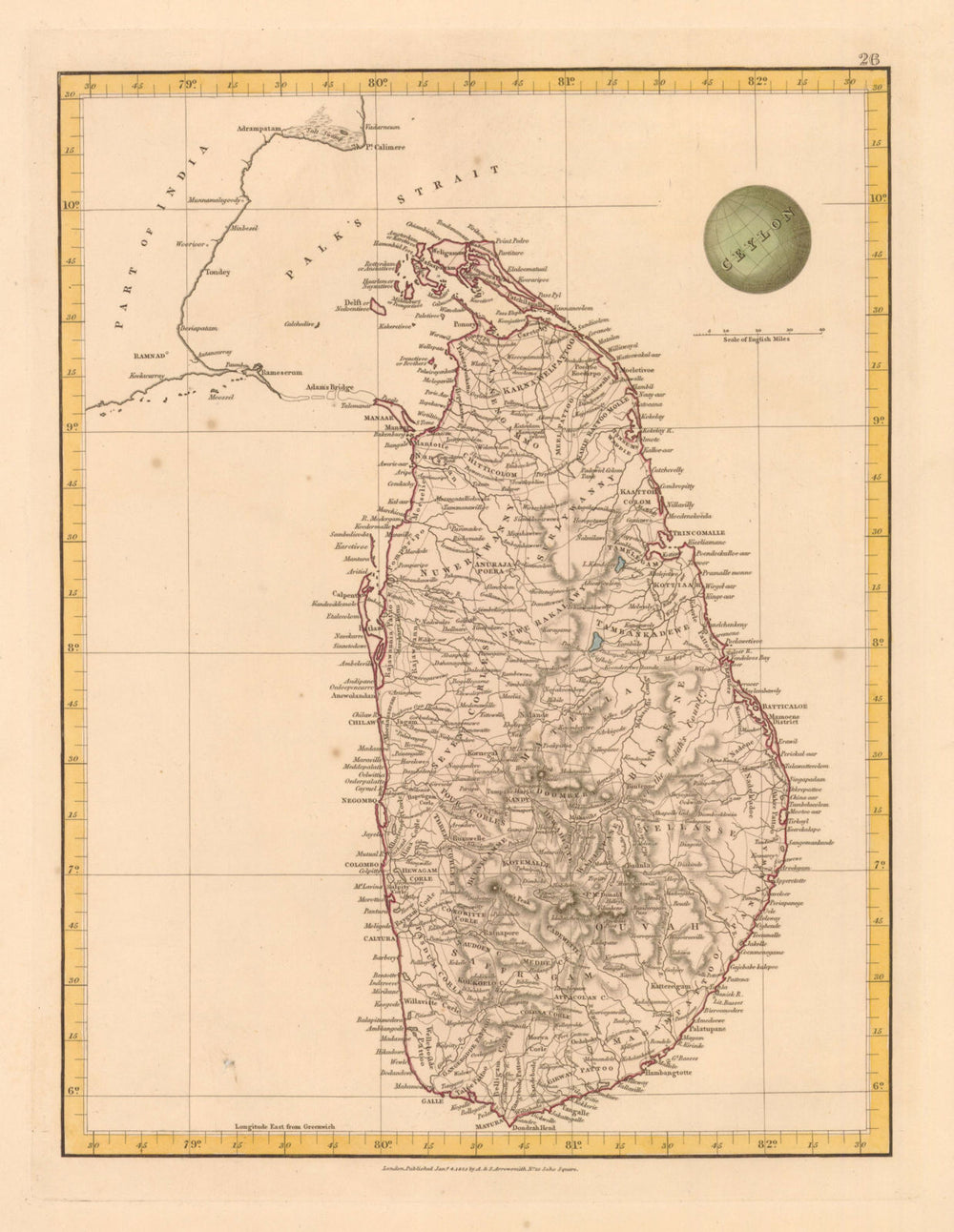 'Ceylon' by Aaron & Samuel Arrowsmith. Sri Lanka. Hand coloured 1825 old map