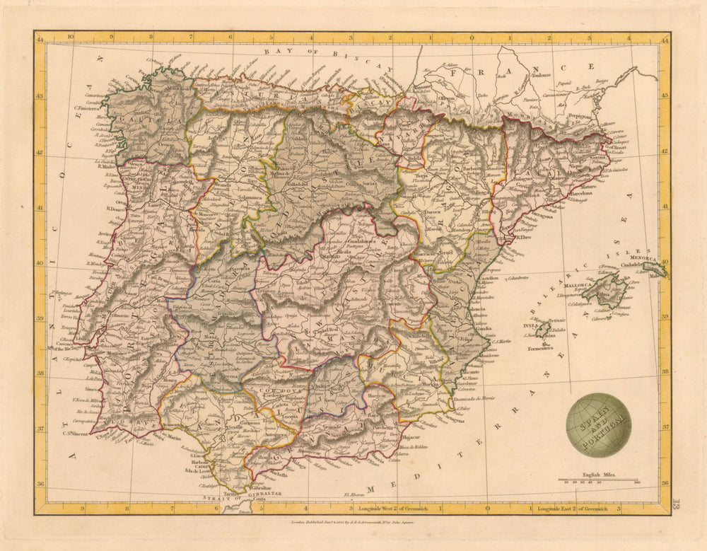 'Spain and Portugal' by A & S Arrowsmith. Iberia 1825 old antique map chart
