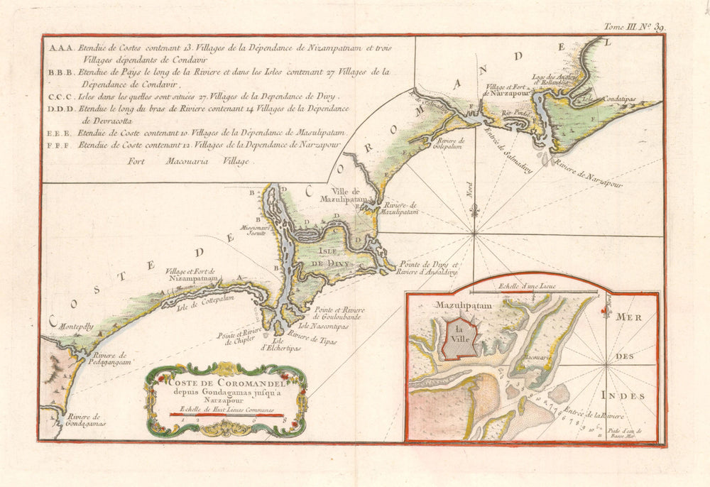 'Coste de Coromandel depuis Gondagamas jusqu'a Narzapour' BELLIN India c1764 map