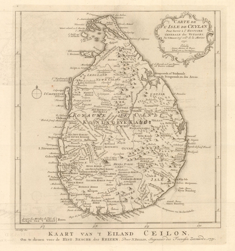 'Carte de L'Isle de Ceylan' by BELLIN/SCHLEY. Sri Lanka Ceylon 1750 old map