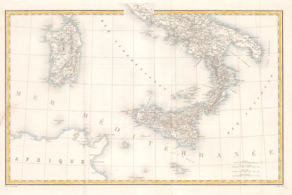 Southern Italy, Sicily and Sardinia c1835 old antique vintage map plan chart
